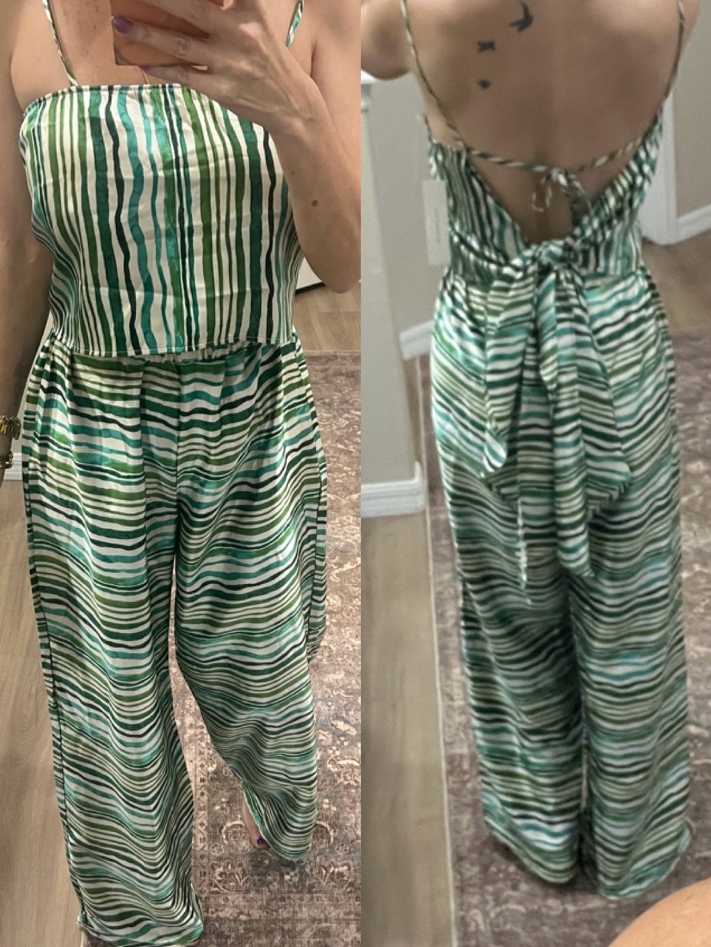 NWT Timing Green and White Striped Back-Tie Wide-Leg Jumpsuit